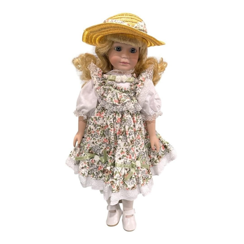 Vintage 1992 JCPenney Porcelain Doll Floral Dress Straw Hat Blonde Girl